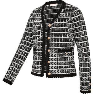 Women Cardigan Sweaters Tweed Pattern Jacket V Neck Sweater Blazer with Button